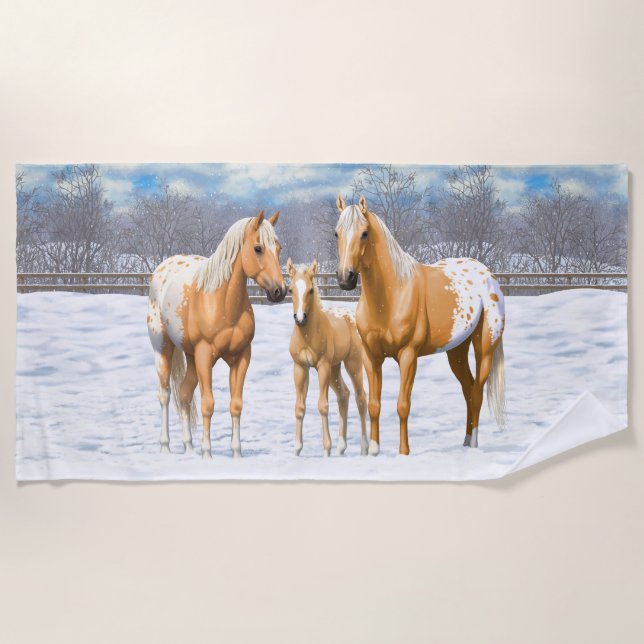 Palomino Appaloosa Pferde im Schnee Strandtuch (Vorderseite)