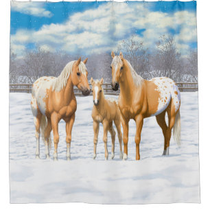Palomino Appaloosa Pferde im Winter Weide Duschvorhang