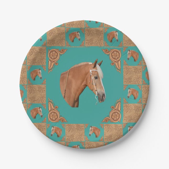 Palomino-Pferd mit ledernem Druck-Western-Party Pappteller (Vorderseite)