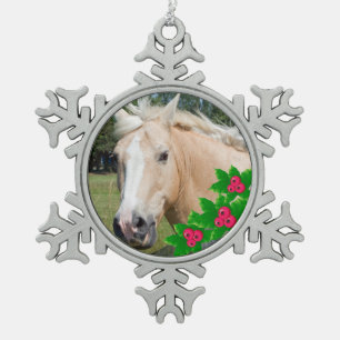 Palomino-Pferd-Weihnachten-Stechpalme-Schneeflocke Schneeflocken Zinn-Ornament