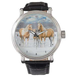Palomino Pinto Paint Quarter Pferde im Schnee Armbanduhr