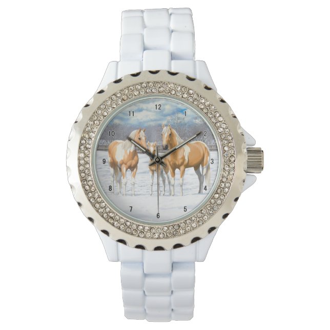 Palomino Pinto Paint Quarter Pferde im Schnee Armbanduhr (Vorderseite)