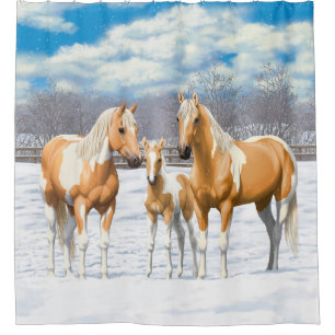 Palomino Pinto Paint Quarter Pferde im Schnee Duschvorhang