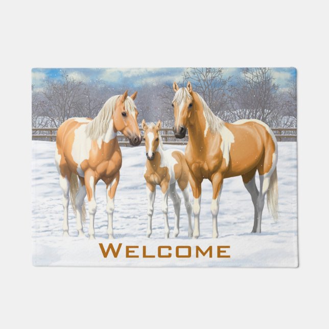 Palomino Pinto Paint Quarter Pferde im Schnee Fußmatte (Vorderseite)