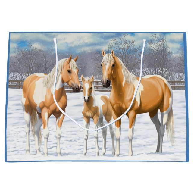 Palomino Pinto Paint Quarter Pferde im Schnee Große Geschenktüte (Vorderseite)
