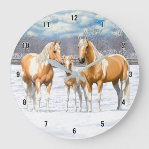 Palomino Pinto Paint Quarter Pferde im Schnee Große Wanduhr