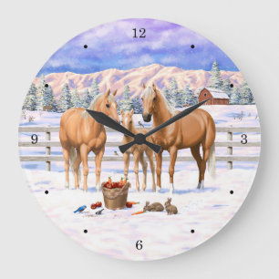 Palomino Quarter Horses In Winter Snow Große Wanduhr