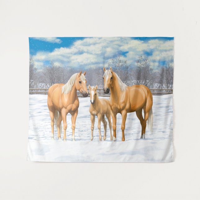 Palomino Quarter Pferde im Schnee Wandteppich (Vorderseite (Horizontal))