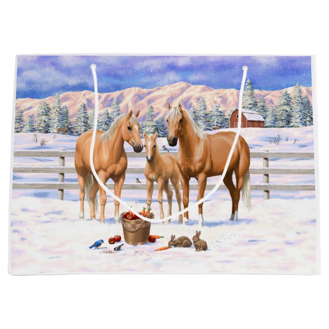 Palomino Viertel Pferde im Winter Schnee Große Geschenktüte (Vorderseite)