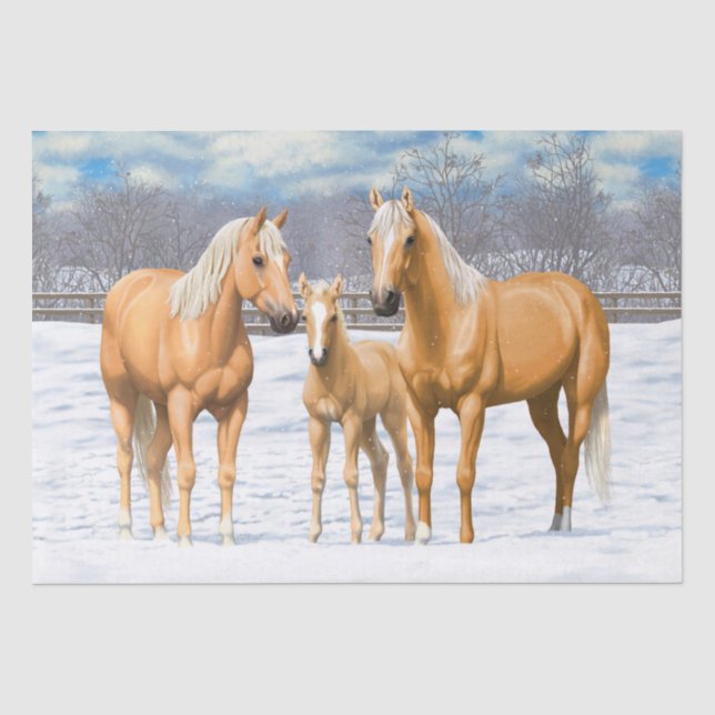 Palomino Viertel Pferde im Winter Schnee Seidenpapier (Vorderseite)