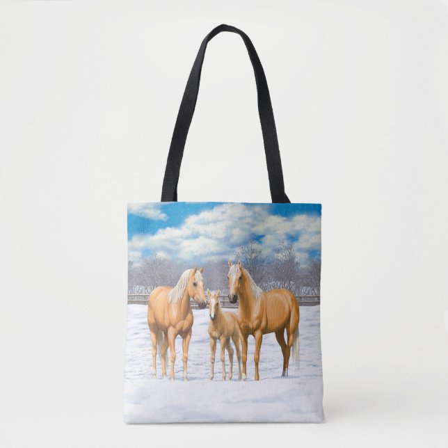 Palomino Viertel Pferde im Winter Schnee Tasche (Vorderseite)