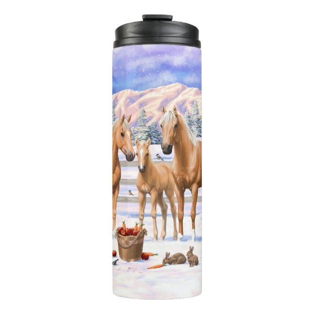 Palomino Viertel Pferde im Winter Schnee Thermosbecher (Vorderseite)