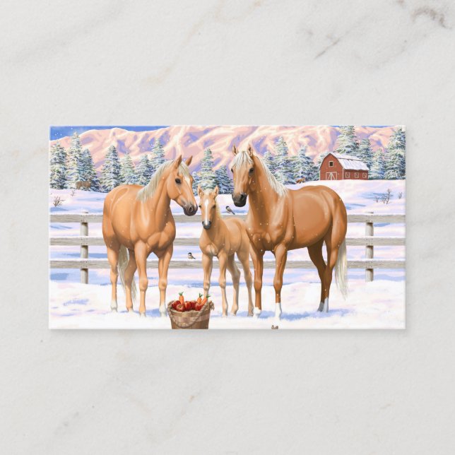 Palomino Viertel Pferde im Winter Schnee Visitenkarte (Vorderseite)