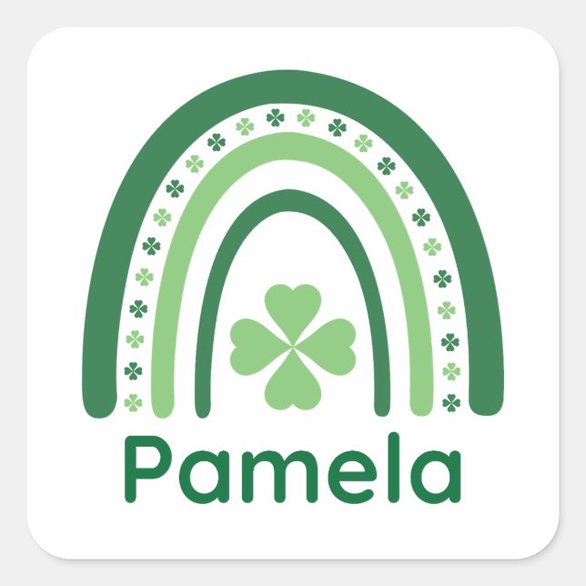 Pamela Name Clover Boho Rainbow Quadratischer Aufkleber (Vorderseite)