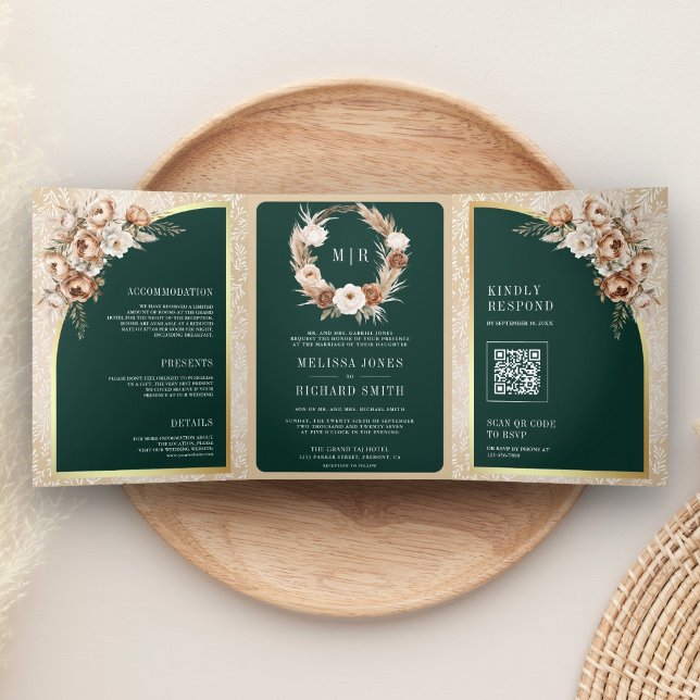 Pampas Beige Earthy Floral Emerald Green Wedding Dreifach Gefaltete Einladung (Von Creator hochgeladen)