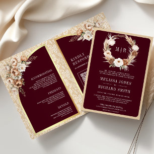 Pampas Beige Erdiges Florales Burgunder Hochzeit Einladung