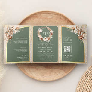 Pampas Beige Erdiges Florales Salbei Grün Hochzeit Dreifach Gefaltete Einladung