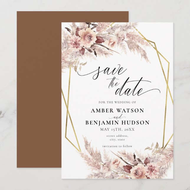 Pampas Boho Terracotta Gold Floral Save the Date Einladung (Vorne/Hinten)