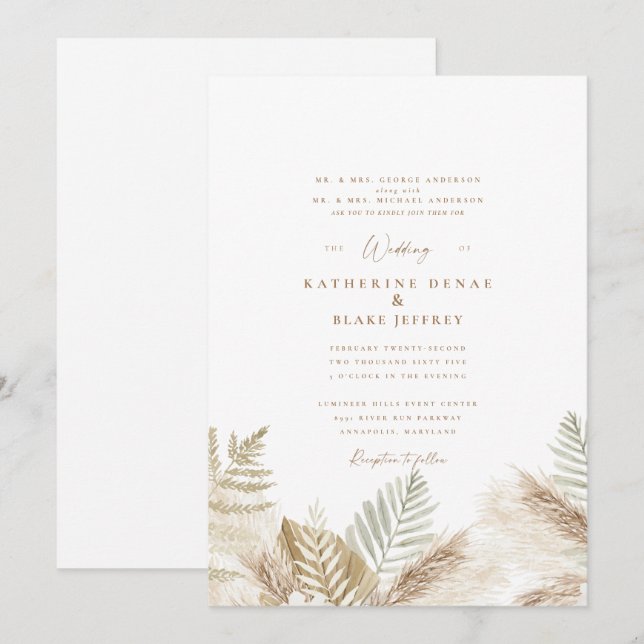 Pampas et Gold White Invitation (Devant / Derrière)