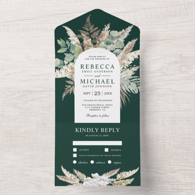 Pampas Eucalyptus Arch Emerald Green Wedding All In One Einladung (Innen Boden)