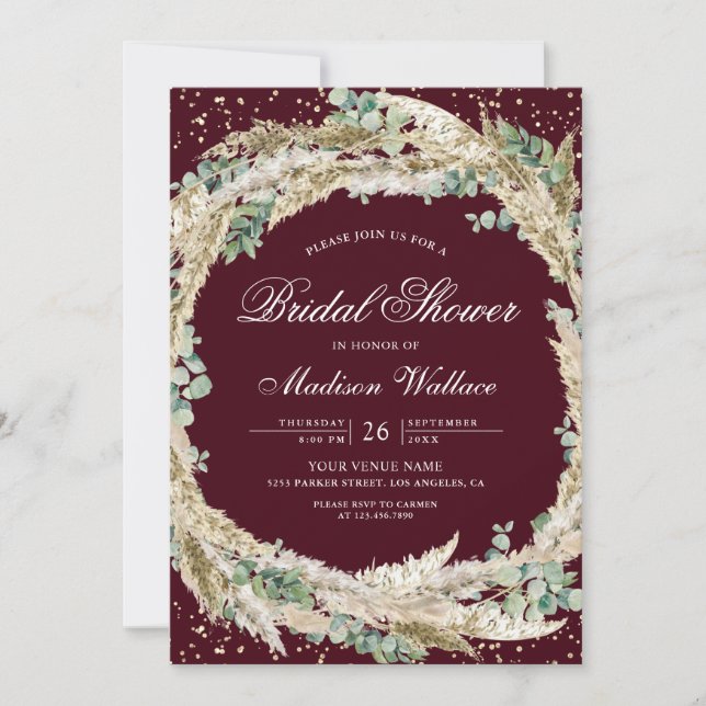 Pampas Eucalyptus Wreath Burgundy Bridal Shower Einladung (Vorderseite)