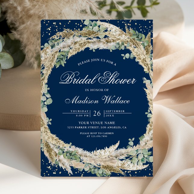 Pampas Eucalyptus Wreath Navy Blue Bridal Shower Einladung (Von Creator hochgeladen)
