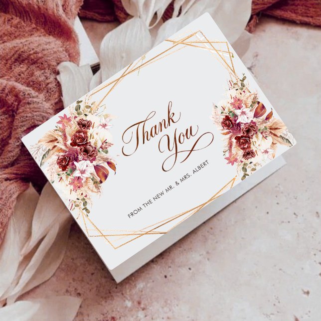 Pampas Gold Geometric Burgundy Floral Wedding Dankeskarte (Von Creator hochgeladen)
