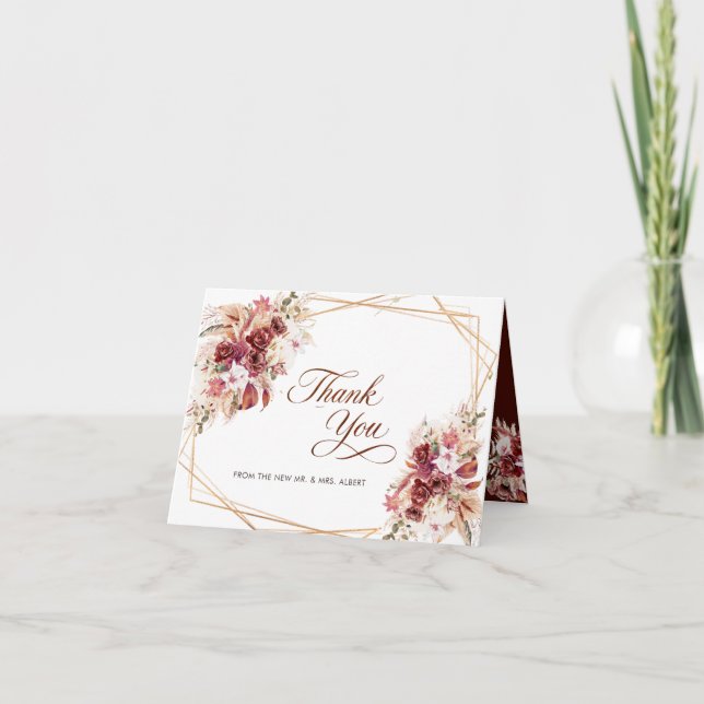 Pampas Gold Geometric Burgundy Floral Wedding Dankeskarte (Vorderseite)