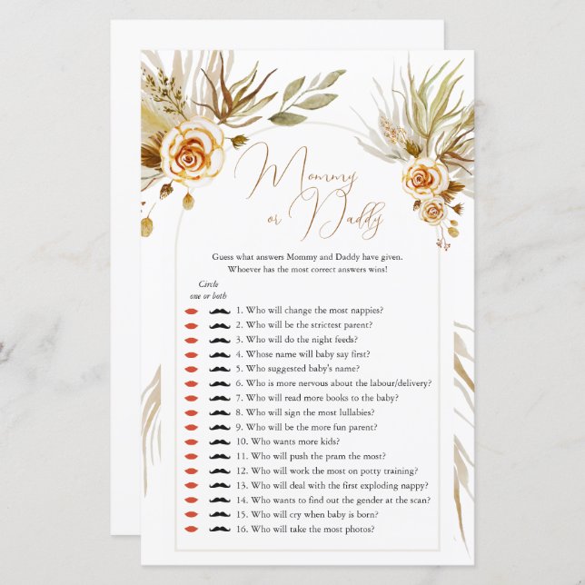 Pampas Gras Baby Shower rät, wer Mama oder Papa (Vorne/Hinten)