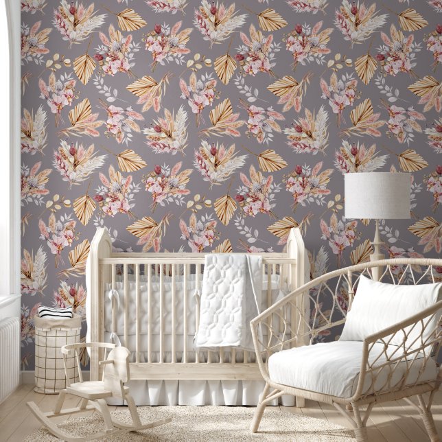 Pampas gras beige rosa graue Blumenmuster Tapete (Kinder)