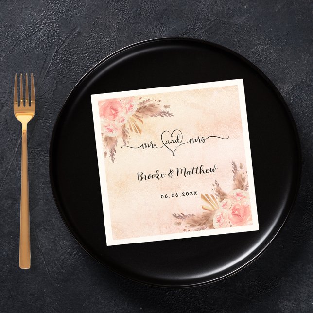 Pampas Gras Blume boho mr mrs Herzenhochzeit Serviette (Von Creator hochgeladen)