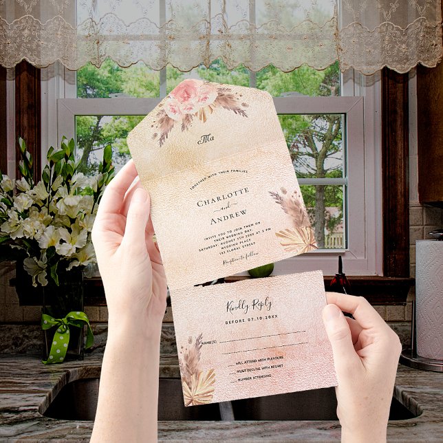 Pampas Gras Blush Rose Rosa Blumen Hochzeit All In One Einladung (Von Creator hochgeladen)