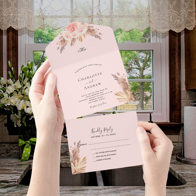 Pampas Gras Blütenflorale Rose Hochzeit All In One Einladung (Von Creator hochgeladen)