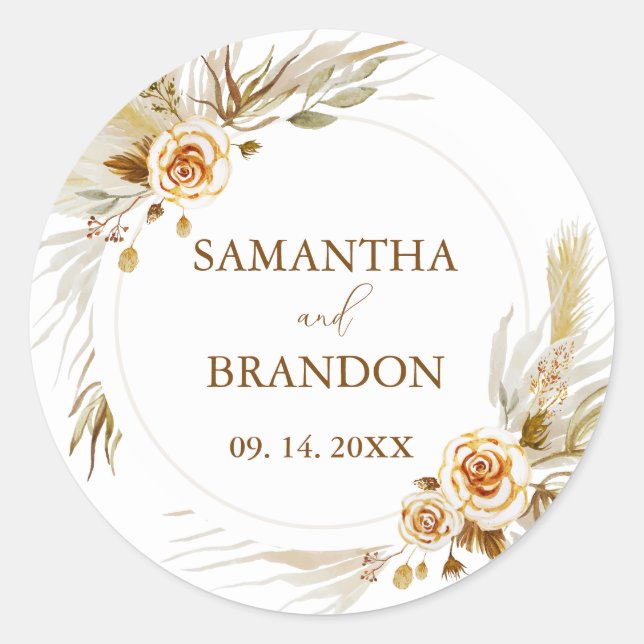 Pampas Gras boho elegante tropische Hochzeit Runder Aufkleber (Vorderseite)