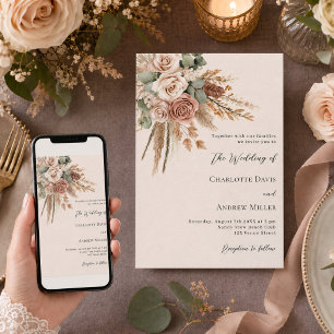 Pampas-Gras-Luxus-Hochzeit in Beige Taupe-Rose Einladung