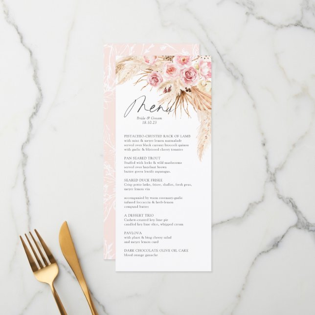 Pampas Gras MOdern Boho BLush PInk Menü-Karte Menükarte (Vorderseite/Rückseite Beispiel)
