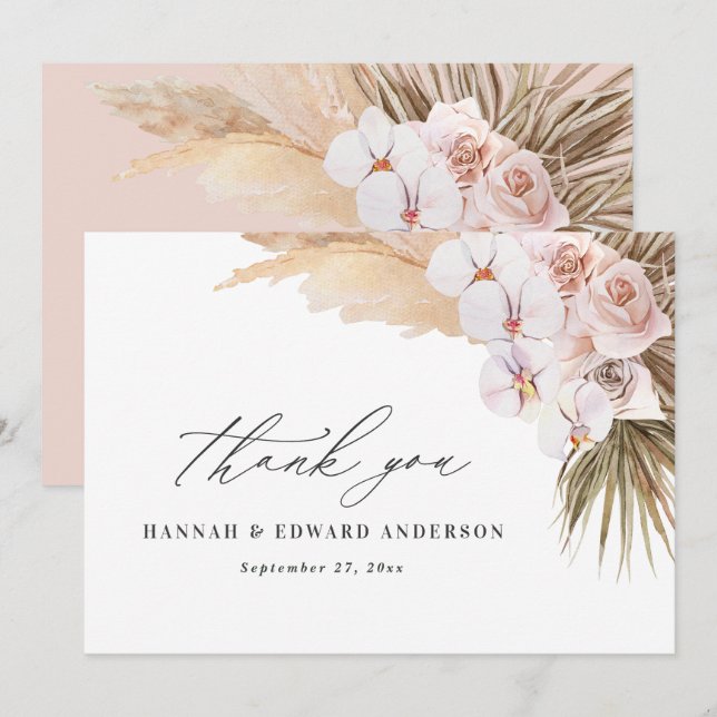 Pampas Gras Moderne botanische Böhmische Hochzeit Dankeskarte (Vorne/Hinten)