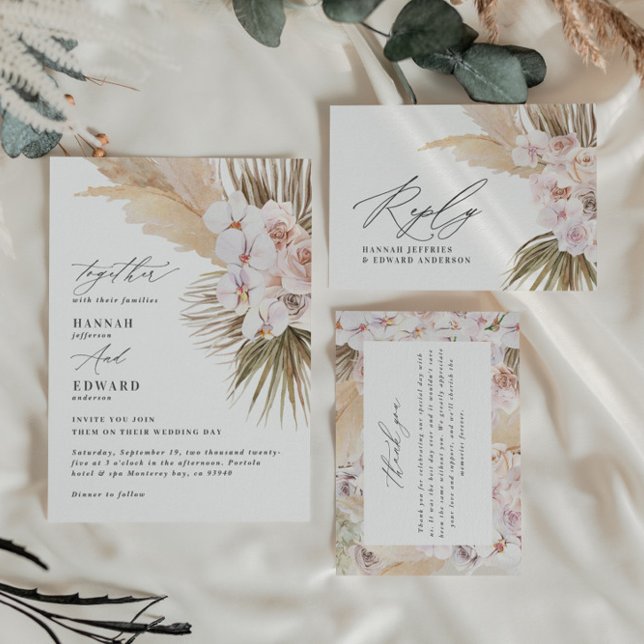 Pampas Gras Moderne botanische Böhmische Hochzeit Dankeskarte (Von Creator hochgeladen)