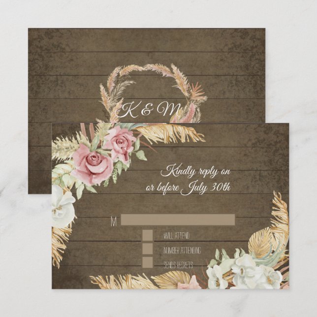 Pampas Gras Palm Pink Blütenblätterung RSVP Karte (Vorne/Hinten)