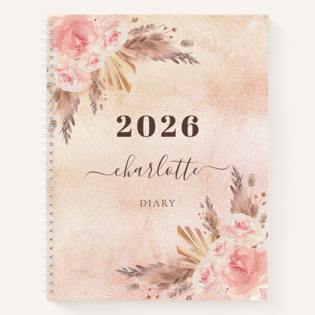 Pampas-Gras-Rose Goldfloralen Name 2023 Notizbuch (Vorderseite)