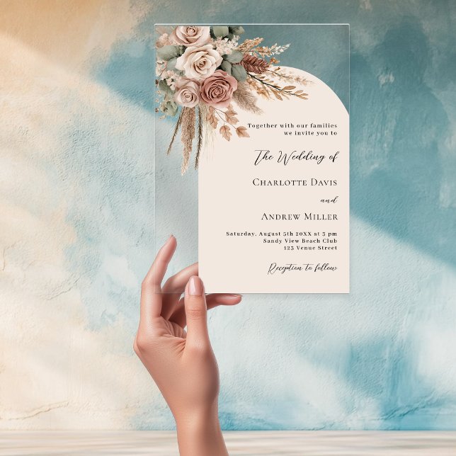 Pampas-Gras-Rose-Hochzeit Acryleinladungen (Von Creator hochgeladen)