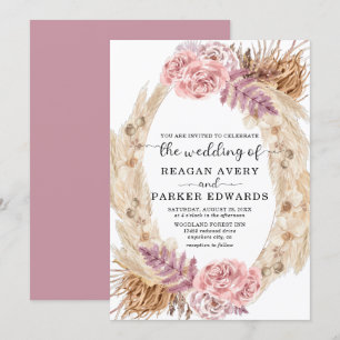 Pampas-Gras-Rose und Lila Blumenhochzeit Einladung