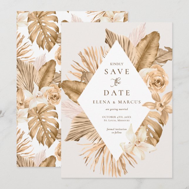 Pampas-Gras Save the Date, getrocknet, aus Goldled Einladung (Vorne/Hinten)