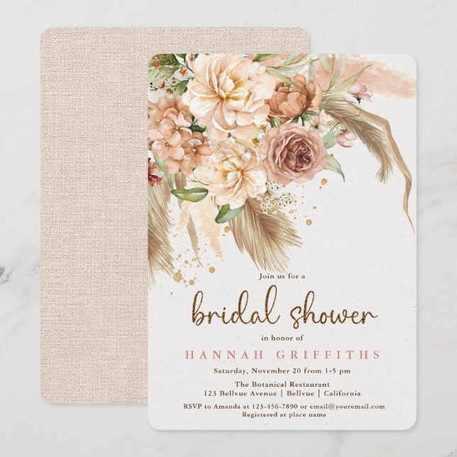 Pampas-Gras und boho-Rose-Brautparty Einladung (Vorne/Hinten)