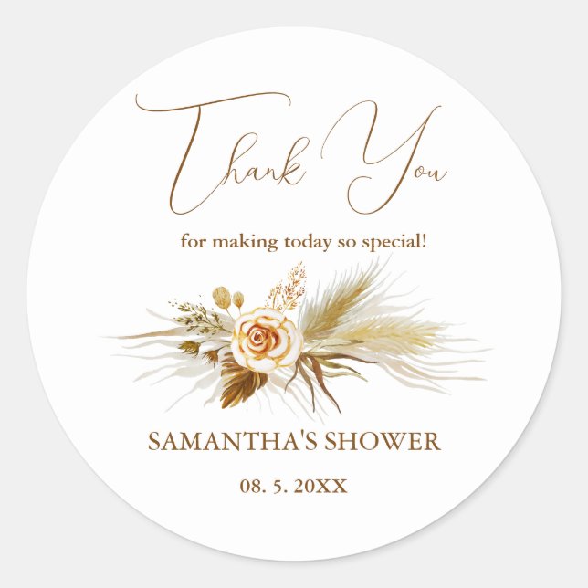 Pampas Gras Wasserfarbe boho elegant Danke Runder Aufkleber (Vorderseite)