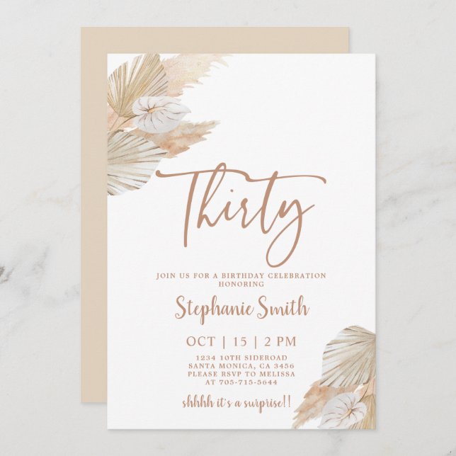 Pampas Grass 30th Birthday Invitation (Devant / Derrière)