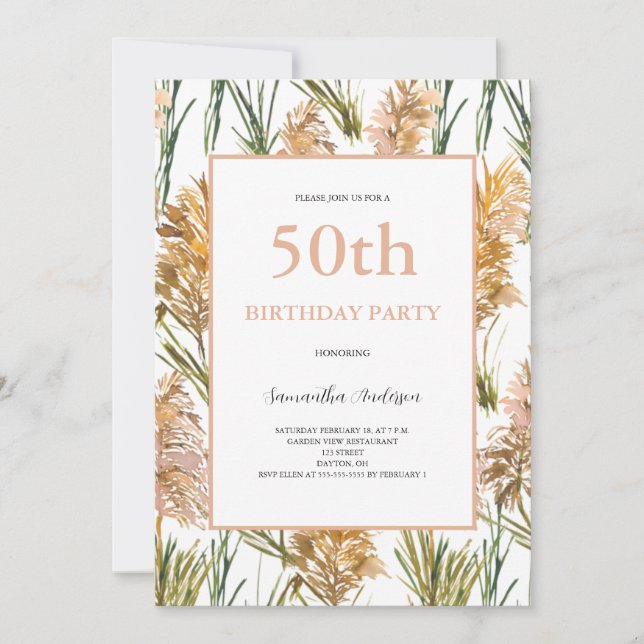 Pampas Grass 50. Geburtstag Einladung (Vorderseite)