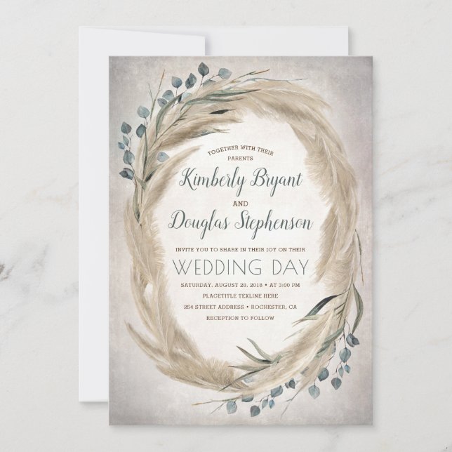 Pampas Grass and Greenery Wreath Vintage Wedding Einladung (Vorderseite)