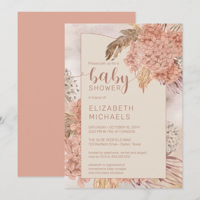 Pampas Grass and Hydrangeas Blooms Baby Dusche Einladung (Vorne/Hinten)
