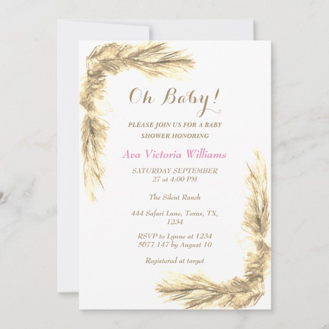 Pampas Grass Baby Girl Einladung (Vorderseite)